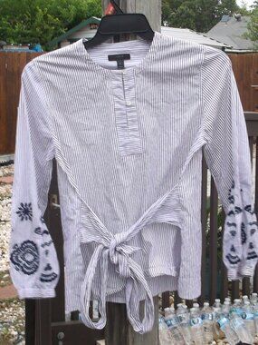 J.Crew Striped Cotton Embroidered Tie‑Front Top – Size S